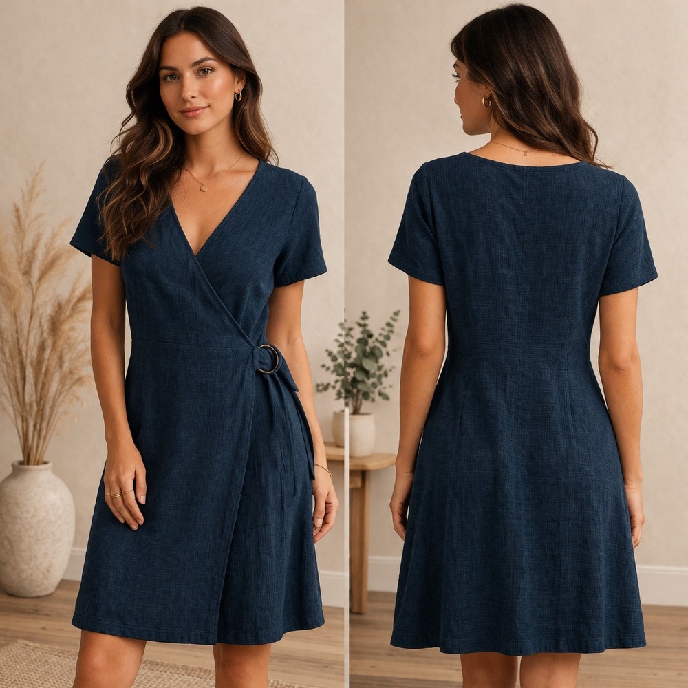 Nicole Miller Faux Wrap Dress Womens 1X Navy Blue Textured Professional Chic